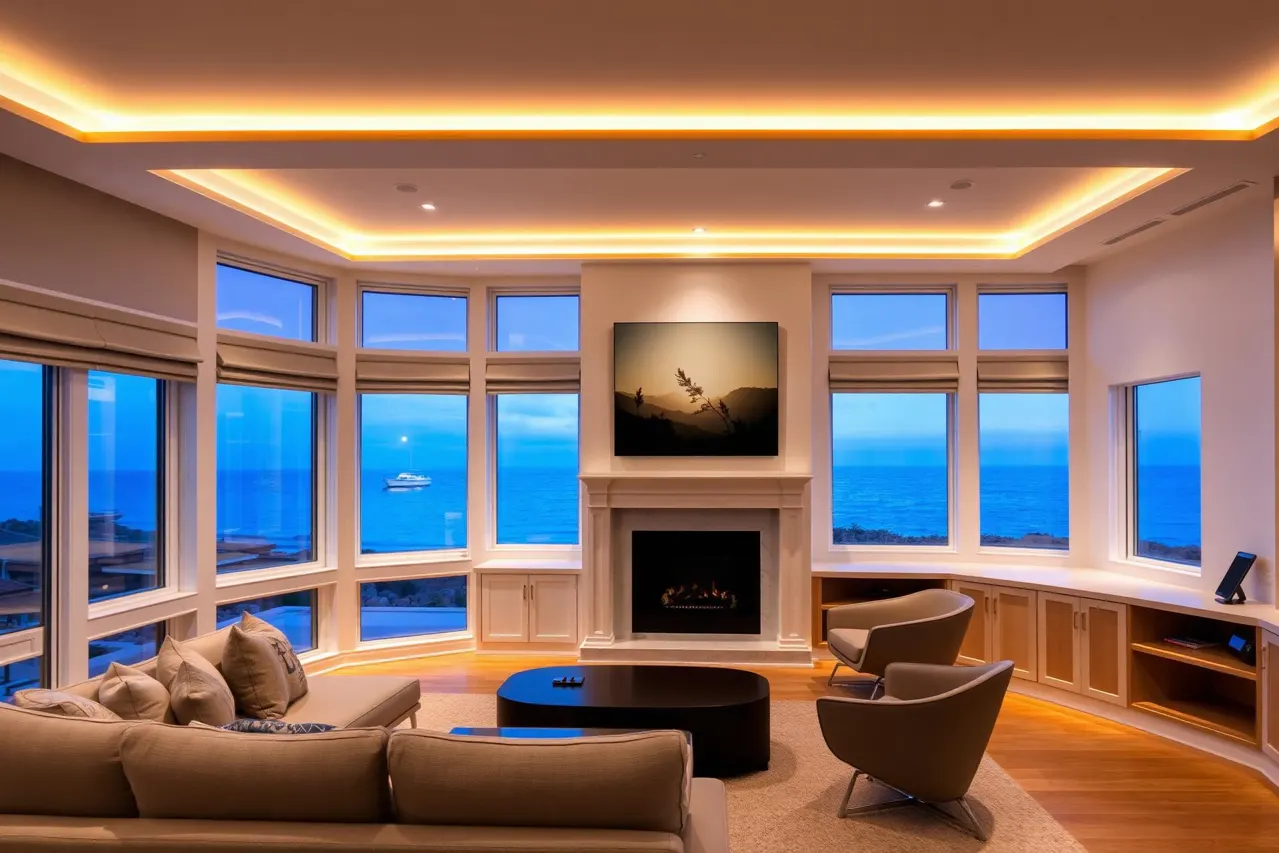 Luxury Hamptons living room with integrated AV, lighting, and shade control at dusk