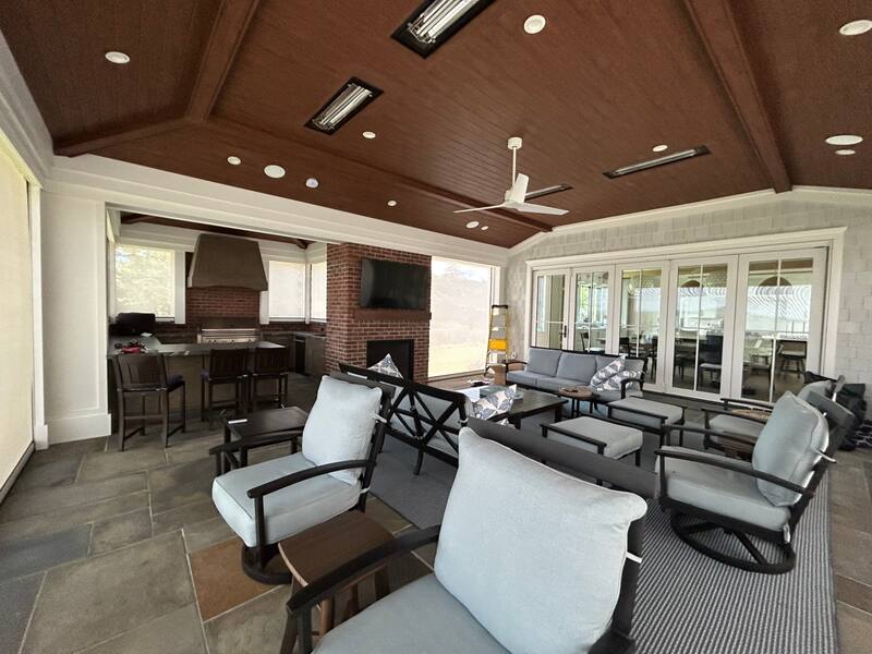 TV above brick fireplace