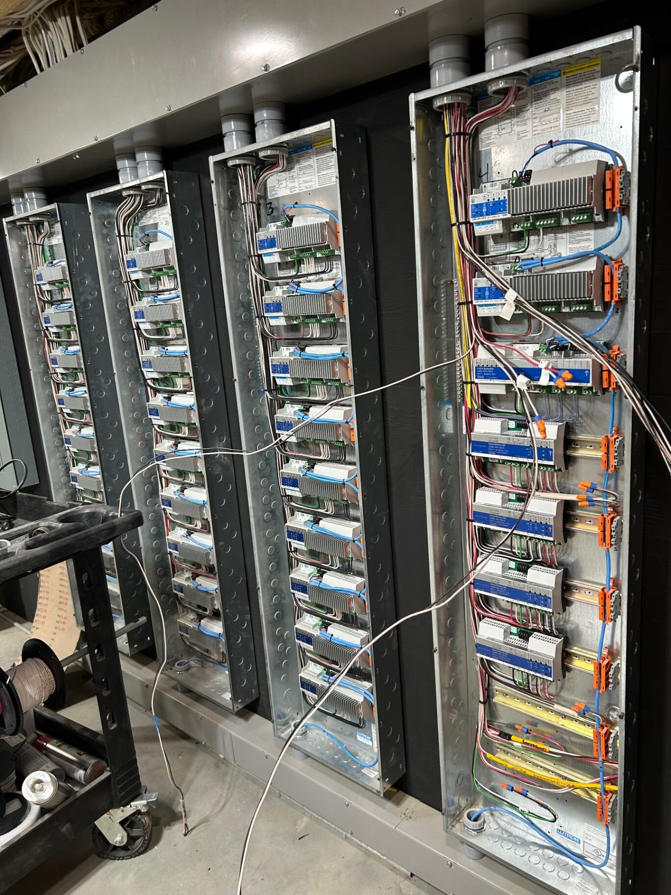 Finished, commissioned bank of four Lutron panels
