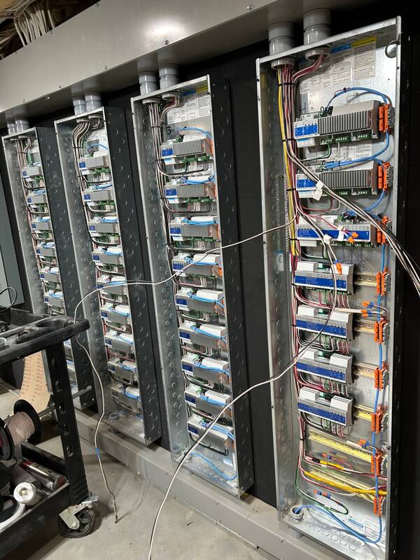 Finished, commissioned bank of four Lutron panels