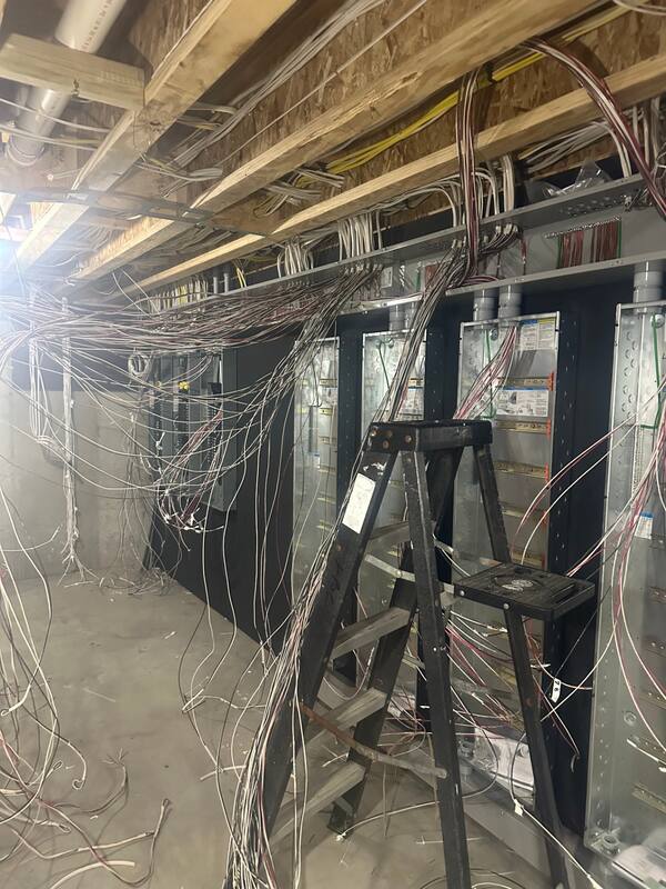 Angled view of bundled home-run wiring